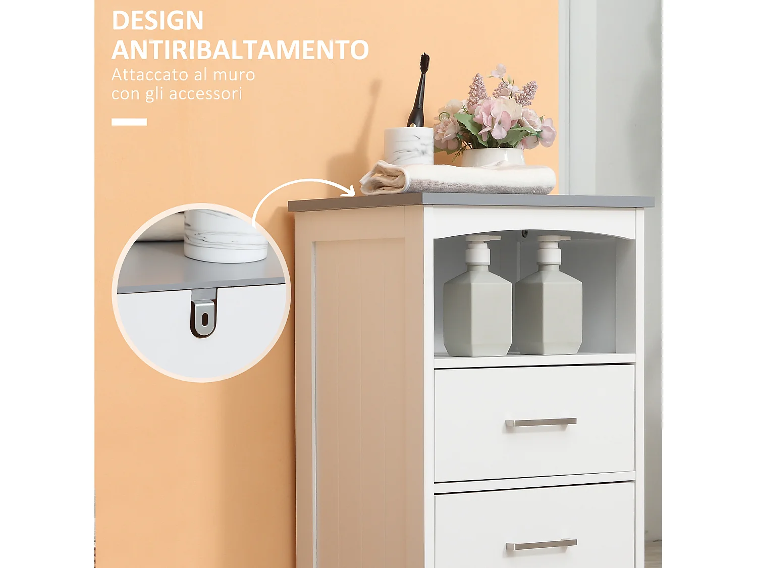 Mobiletto bagno con 3 cassetti e ripiano aperto in mdf bianco