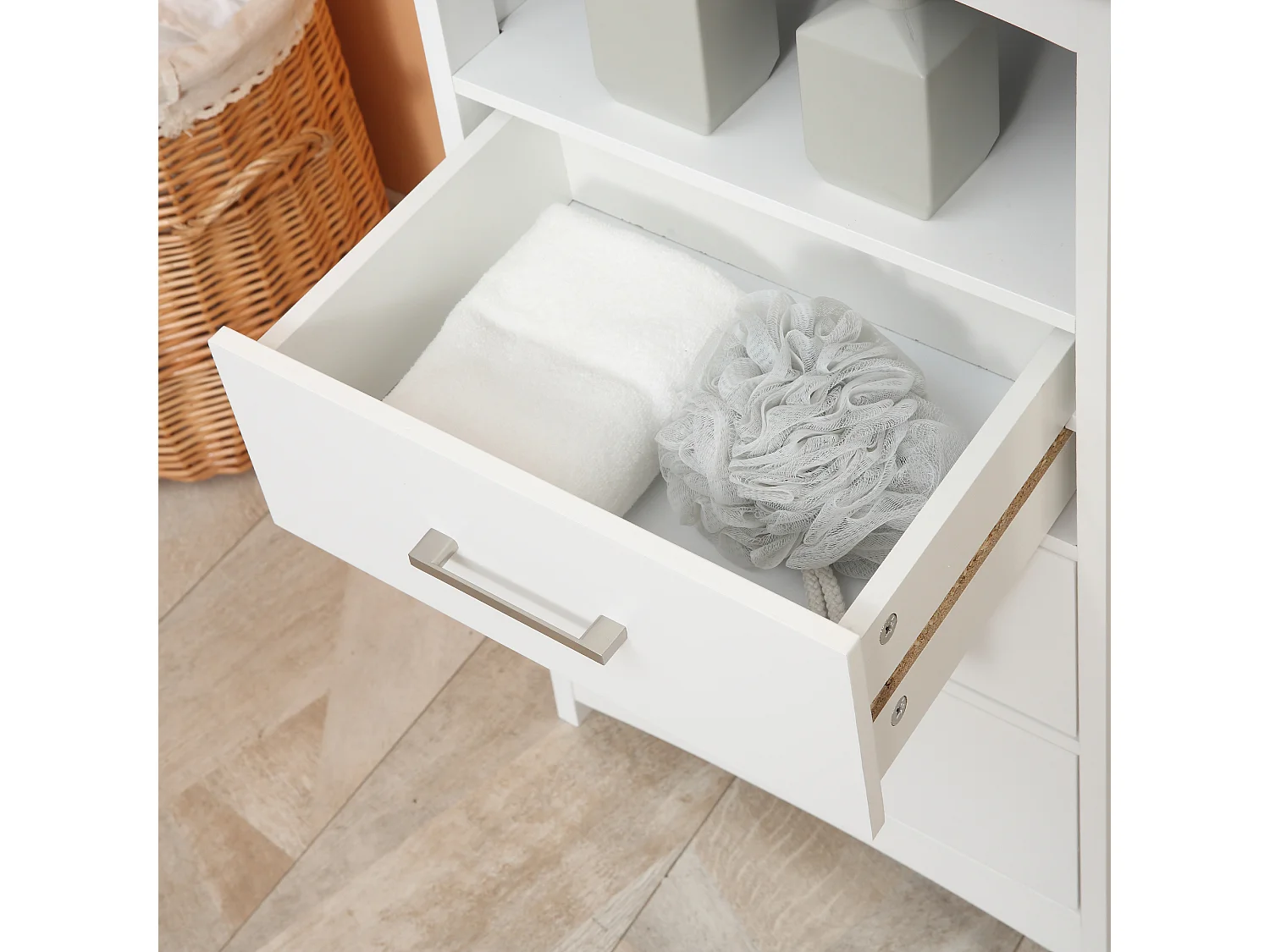 Mobiletto bagno con 3 cassetti e ripiano aperto in mdf bianco