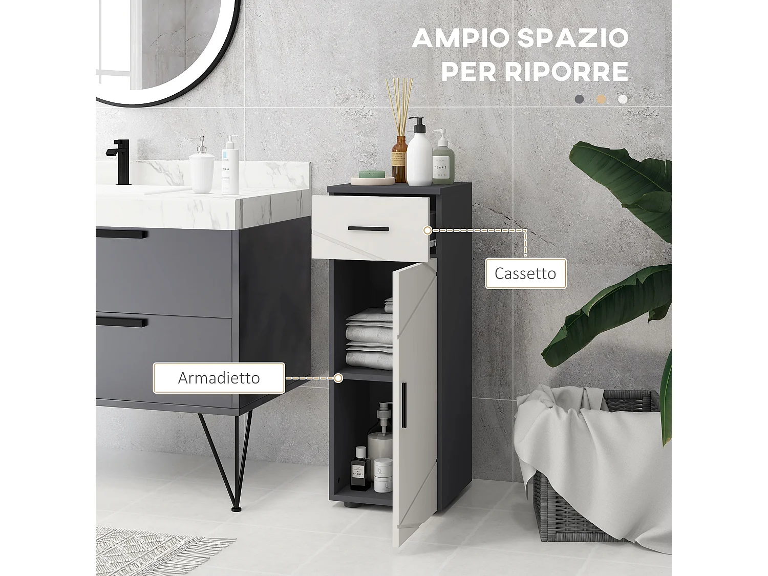 Mobiletto bagno con cassetto e armadietto a 2 livelli regolabili