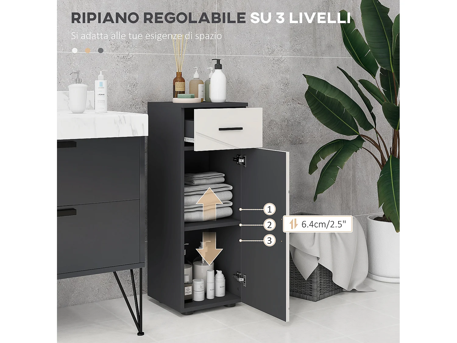 Mobiletto bagno con cassetto e armadietto a 2 livelli regolabili