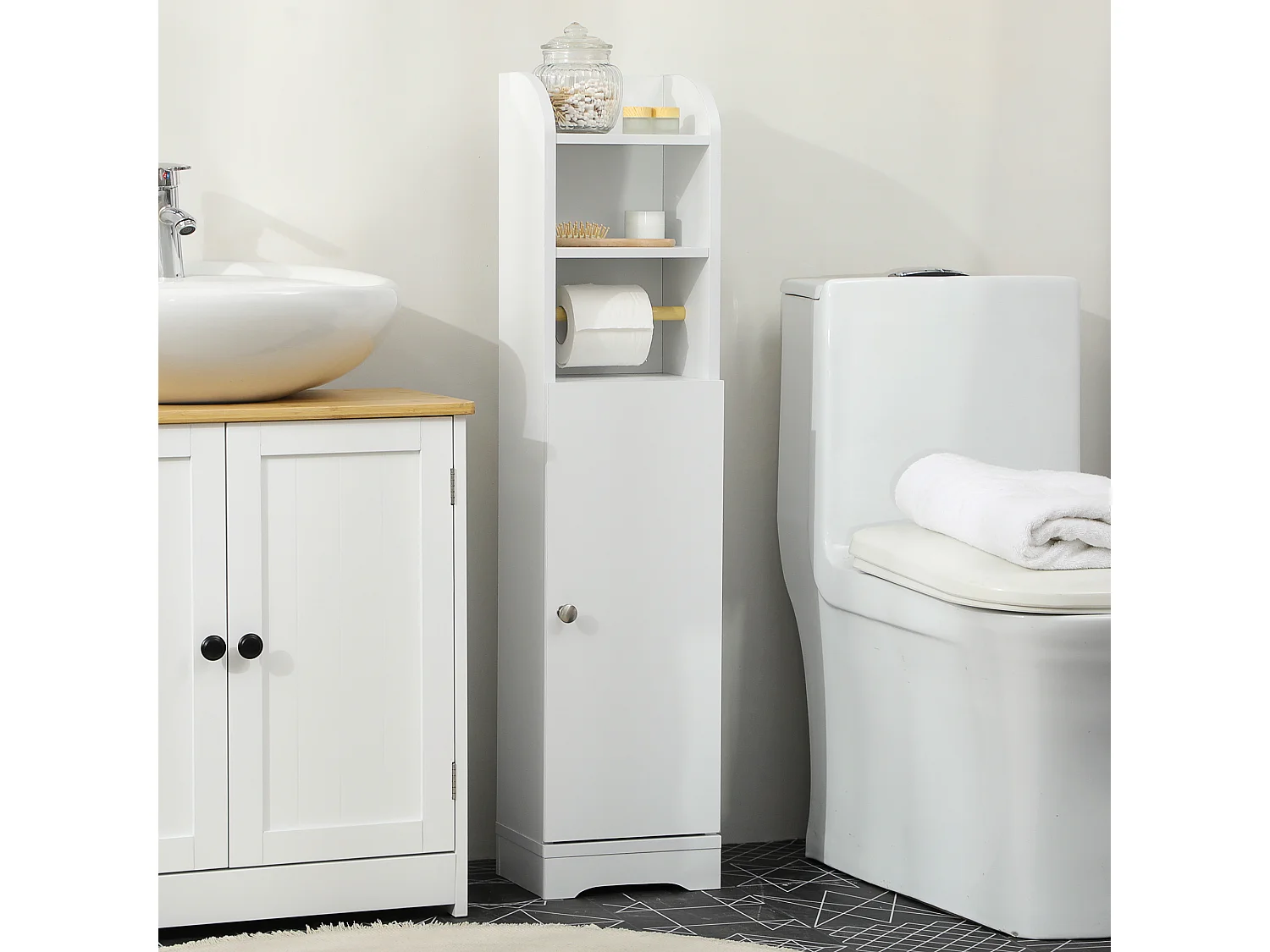 Colonna bagno con 3 ripiani e armadietto a 2 livelli in legno bianco