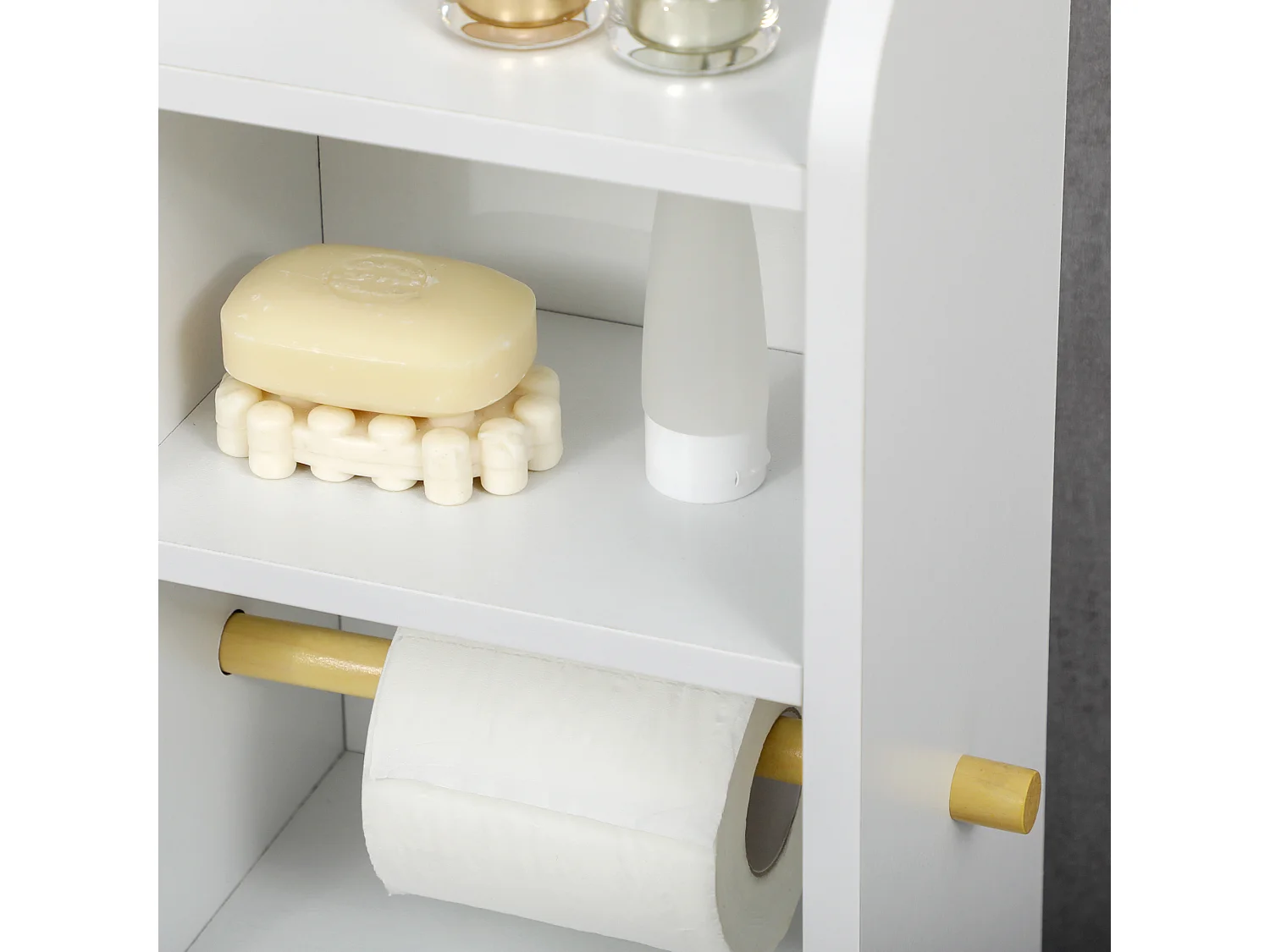 Colonna bagno con 3 ripiani e armadietto a 2 livelli in legno bianco