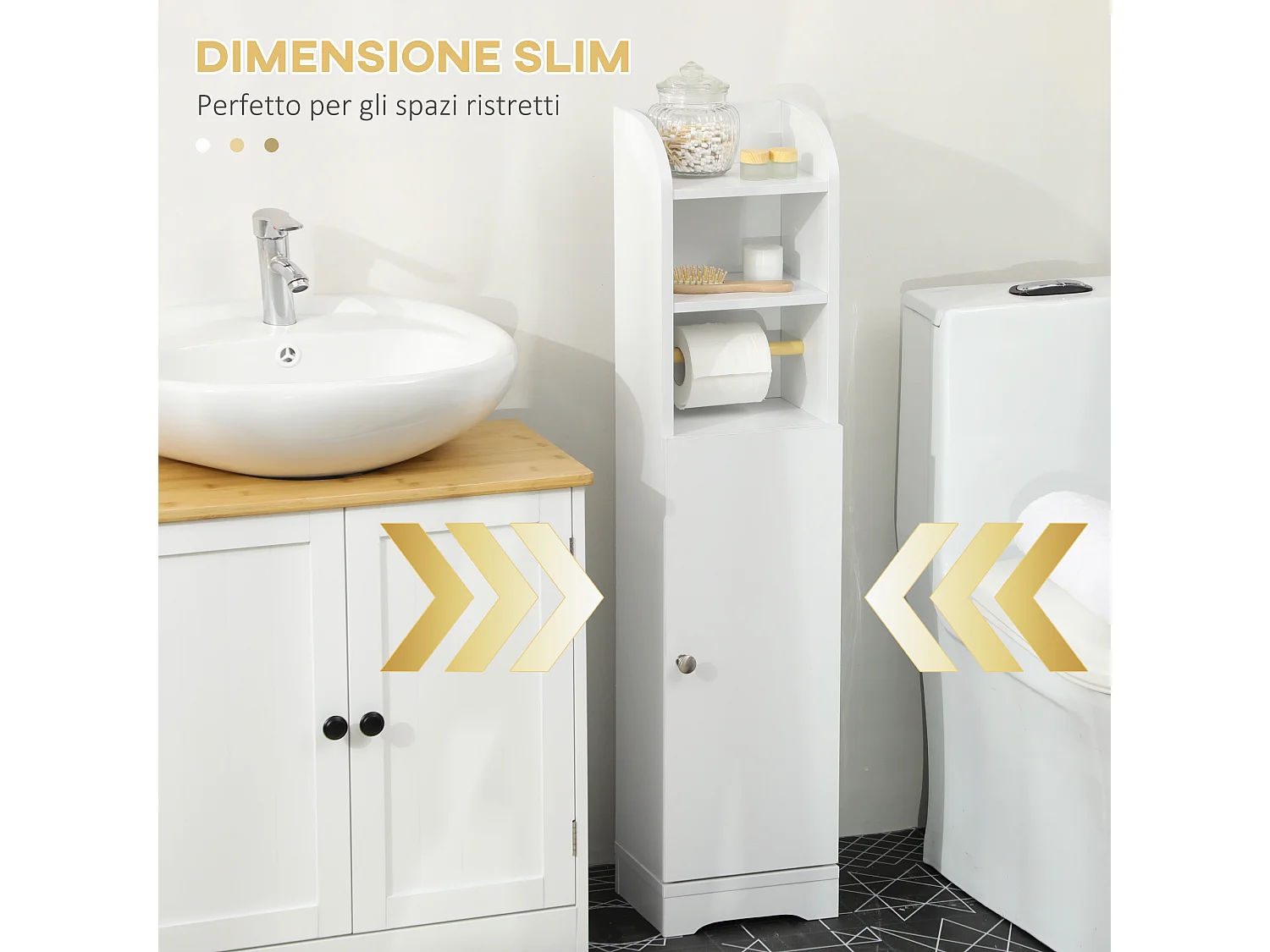 Colonna bagno con 3 ripiani e armadietto a 2 livelli in legno bianco