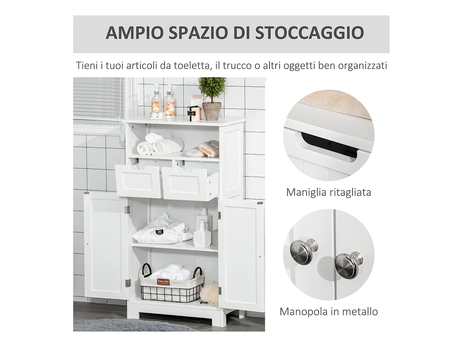 Mobile bagno con armadietto e 2 cassetti regolabili in legno bianco