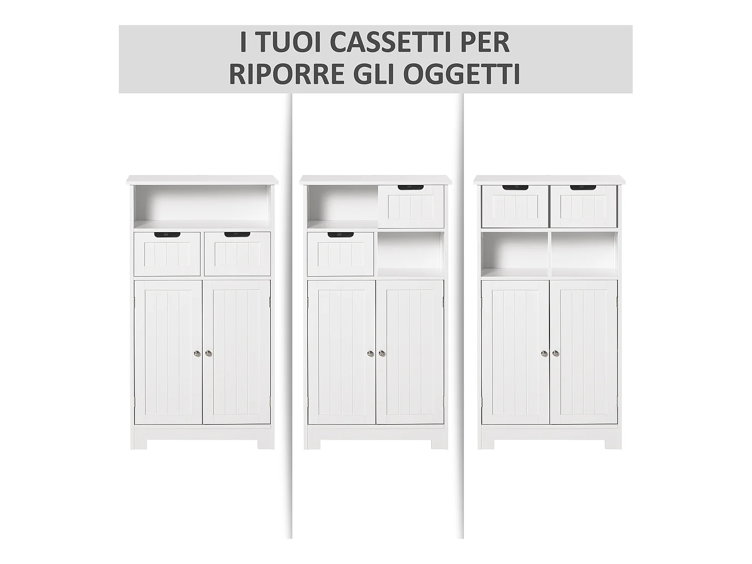 Mobile bagno con armadietto e 2 cassetti regolabili in legno bianco