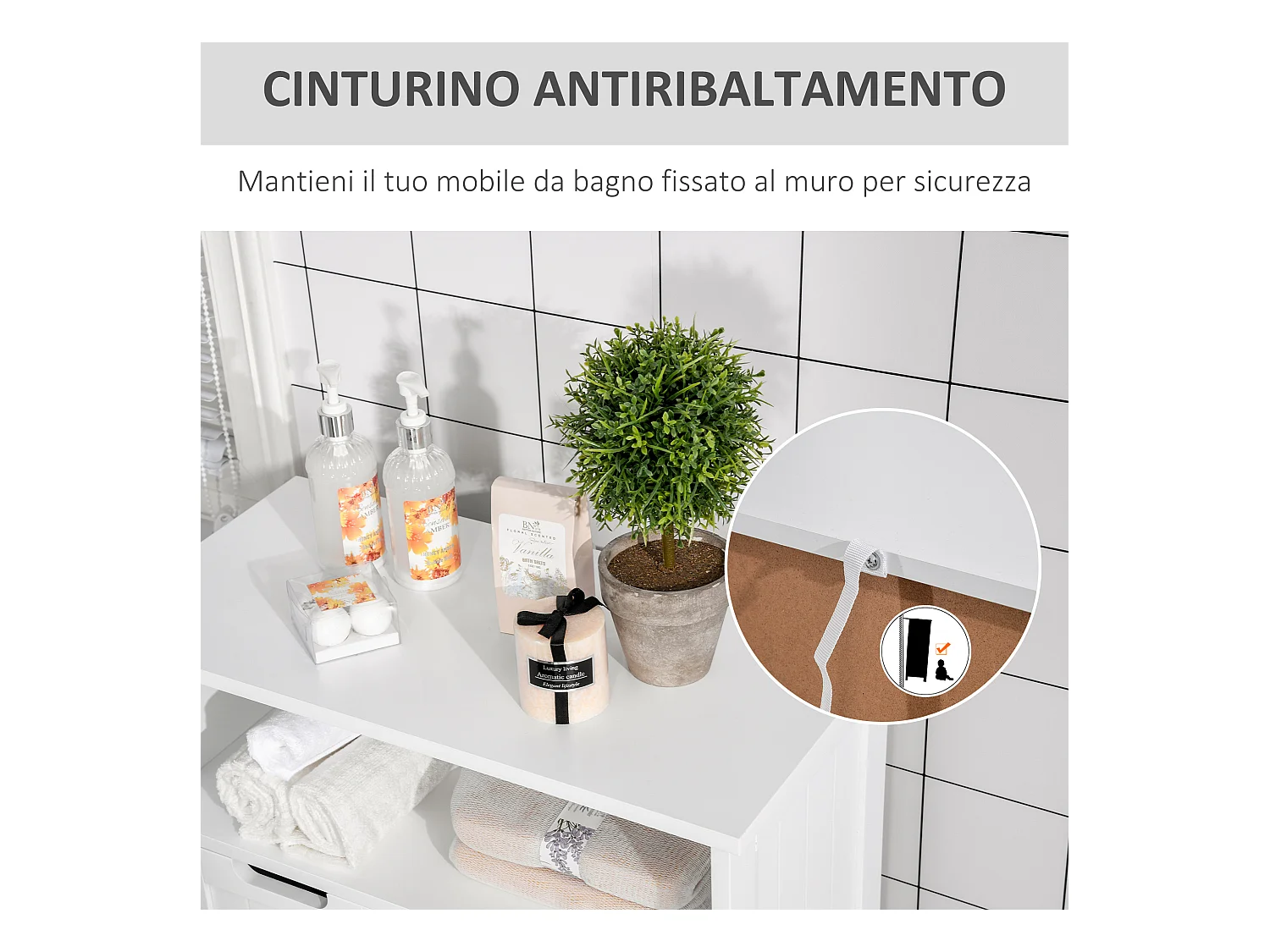 Mobile bagno con armadietto e 2 cassetti regolabili in legno bianco