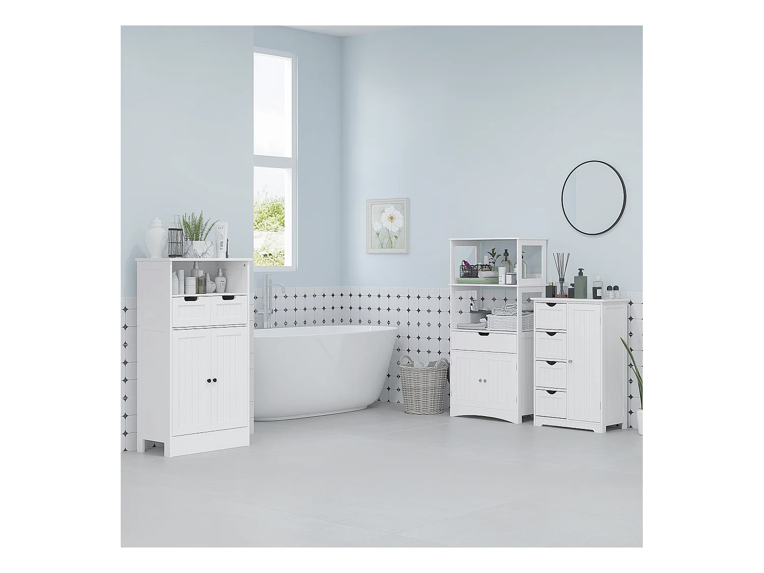 Mobile bagno con armadietto e 2 cassetti regolabili in legno bianco