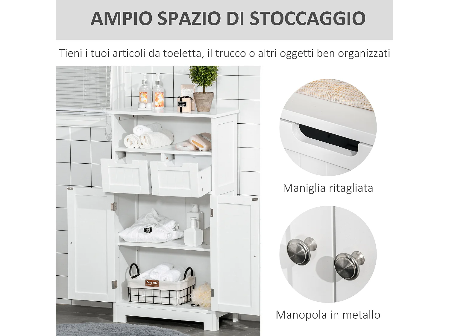 Mobile bagno con armadietto e 2 cassetti regolabili in legno bianco