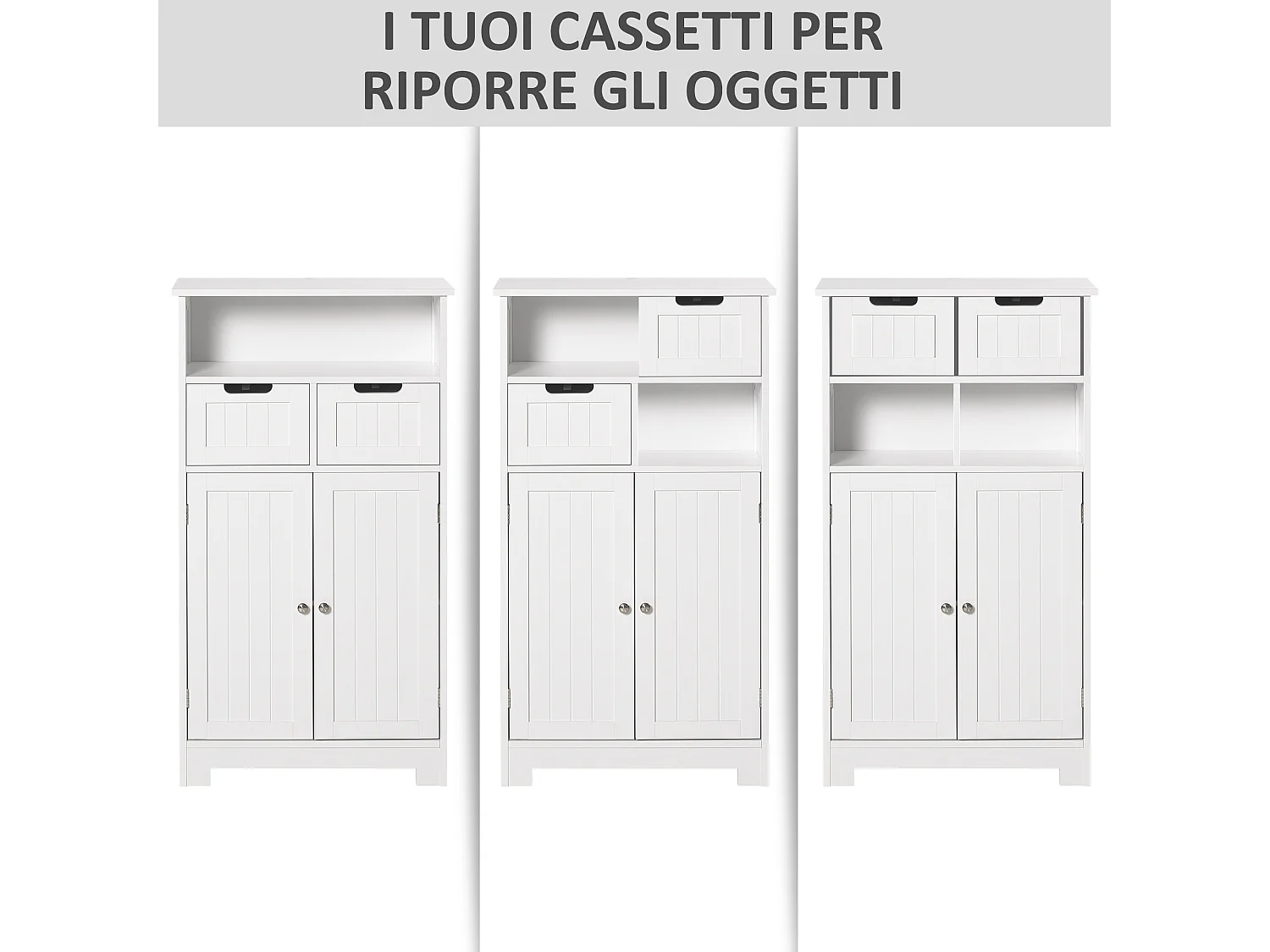 Mobile bagno con armadietto e 2 cassetti regolabili in legno bianco