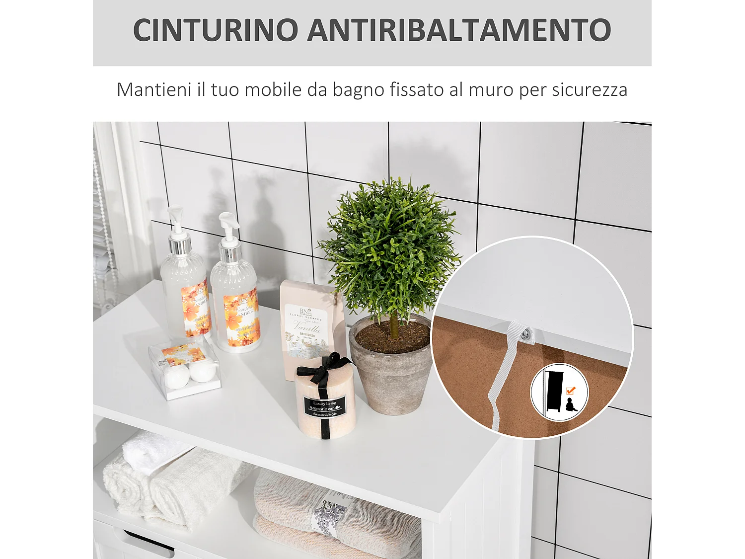 Mobile bagno con armadietto e 2 cassetti regolabili in legno bianco