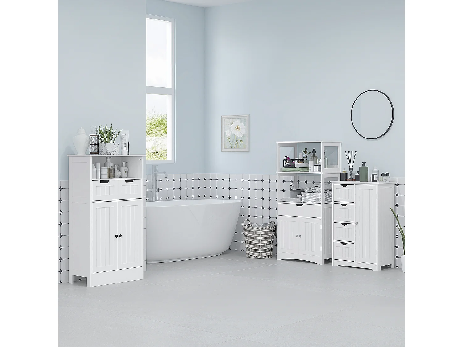 Mobile bagno con armadietto e 2 cassetti regolabili in legno bianco