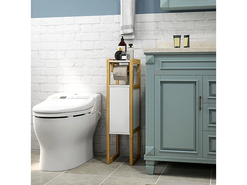 Mobile bagno salvaspazio con armadietto e ripiano in bambù bianco