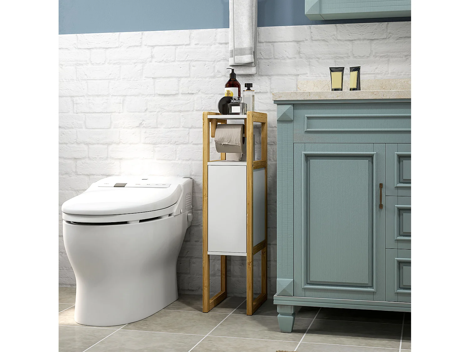 Mobile bagno salvaspazio con armadietto e ripiano in bambù bianco