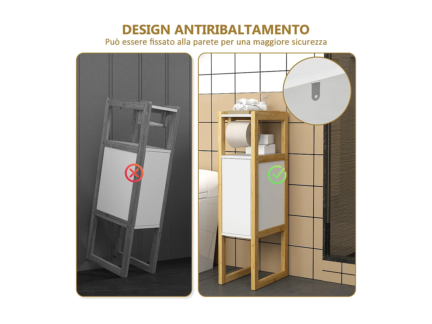 Mobile bagno salvaspazio con armadietto e ripiano in bambù bianco