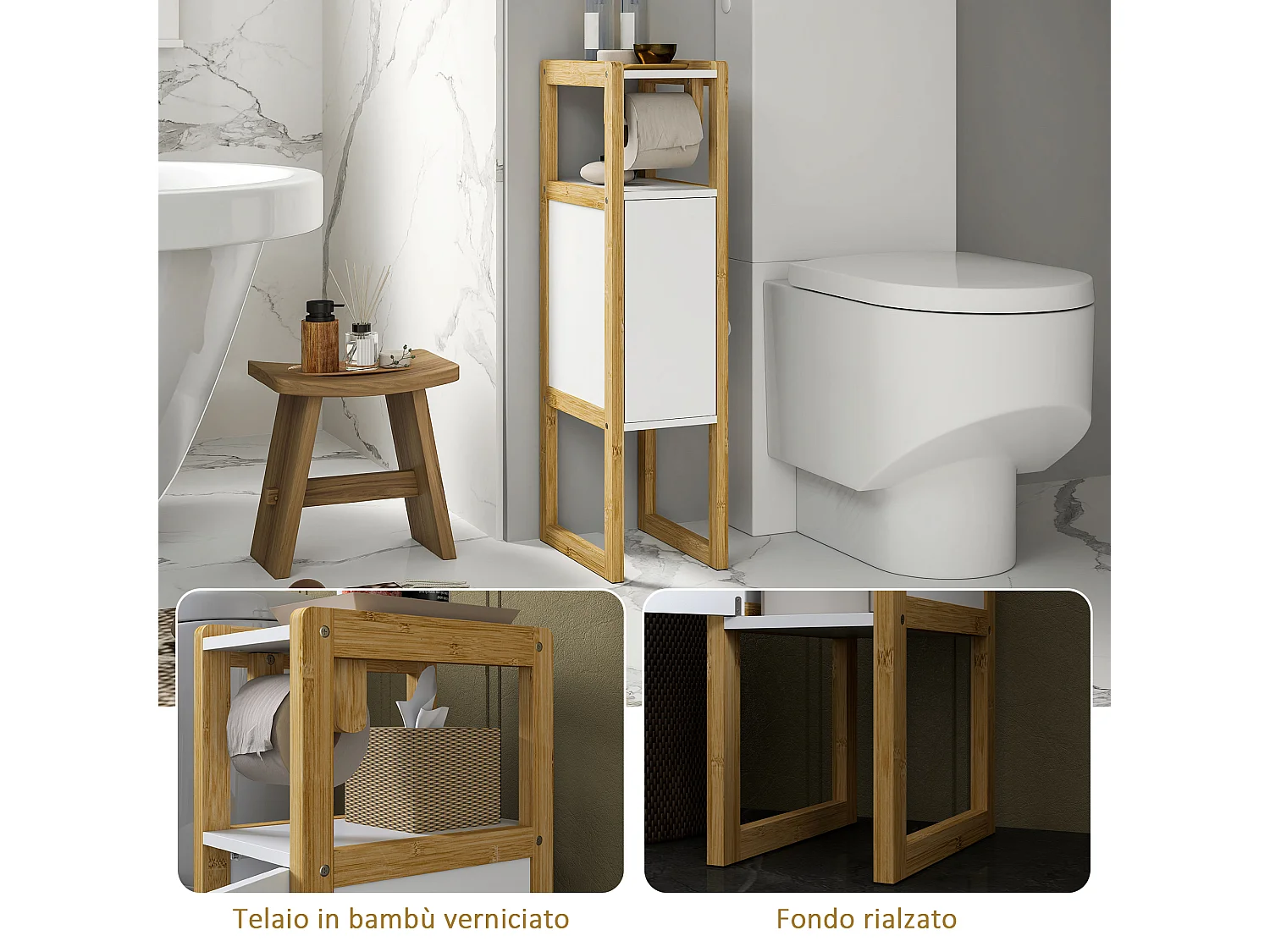 Mobile bagno salvaspazio con armadietto e ripiano in bambù bianco