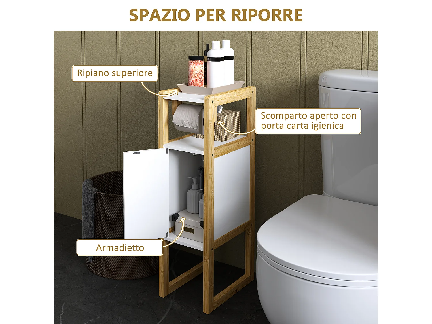 Mobile bagno salvaspazio con armadietto e ripiano in bambù bianco