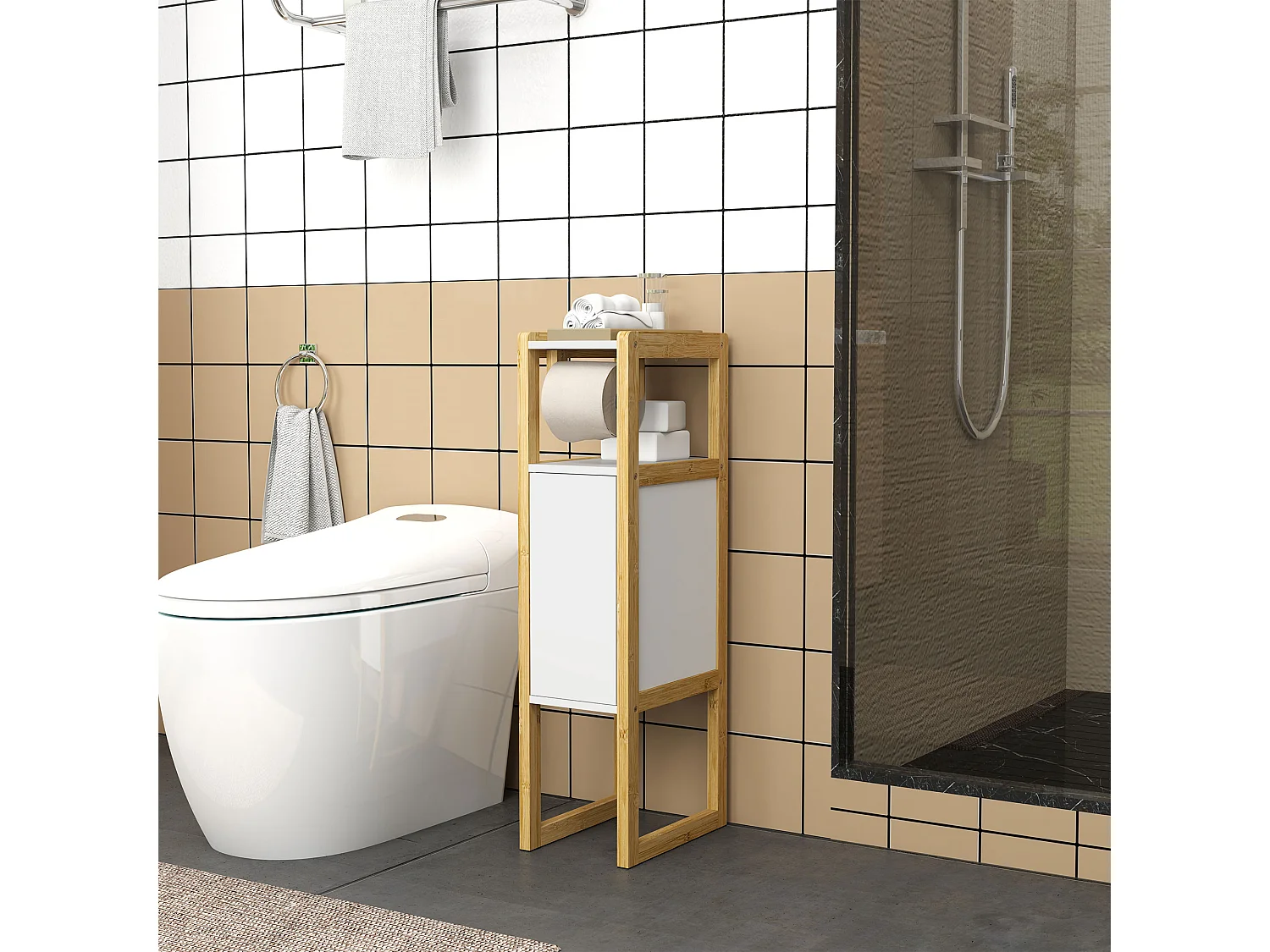 Mobile bagno salvaspazio con armadietto e ripiano in bambù bianco