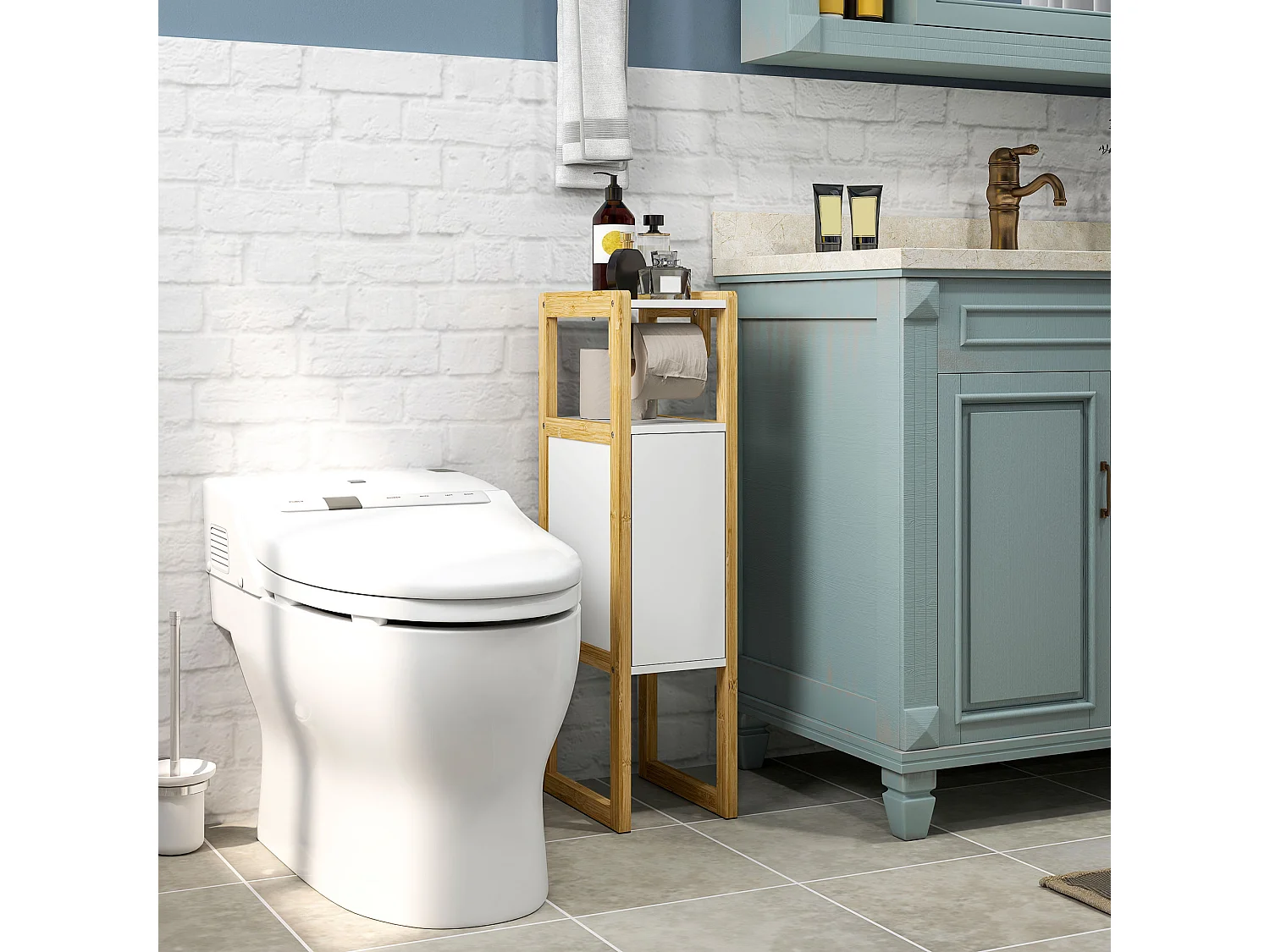 Mobile bagno salvaspazio con armadietto e ripiano in bambù bianco