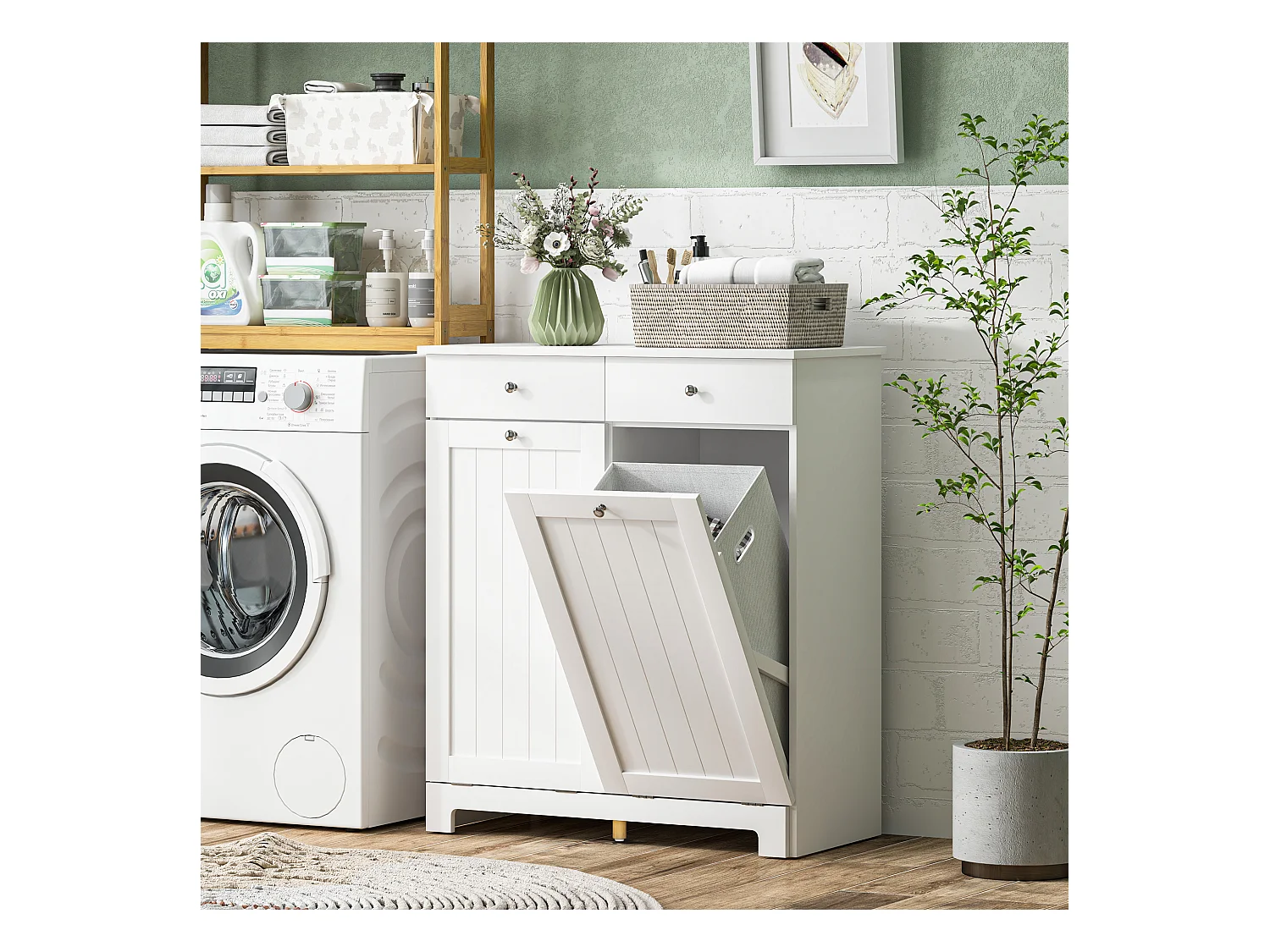 Mobile bagno con 2 ceste portabiancheria e 2 cassetti bianco