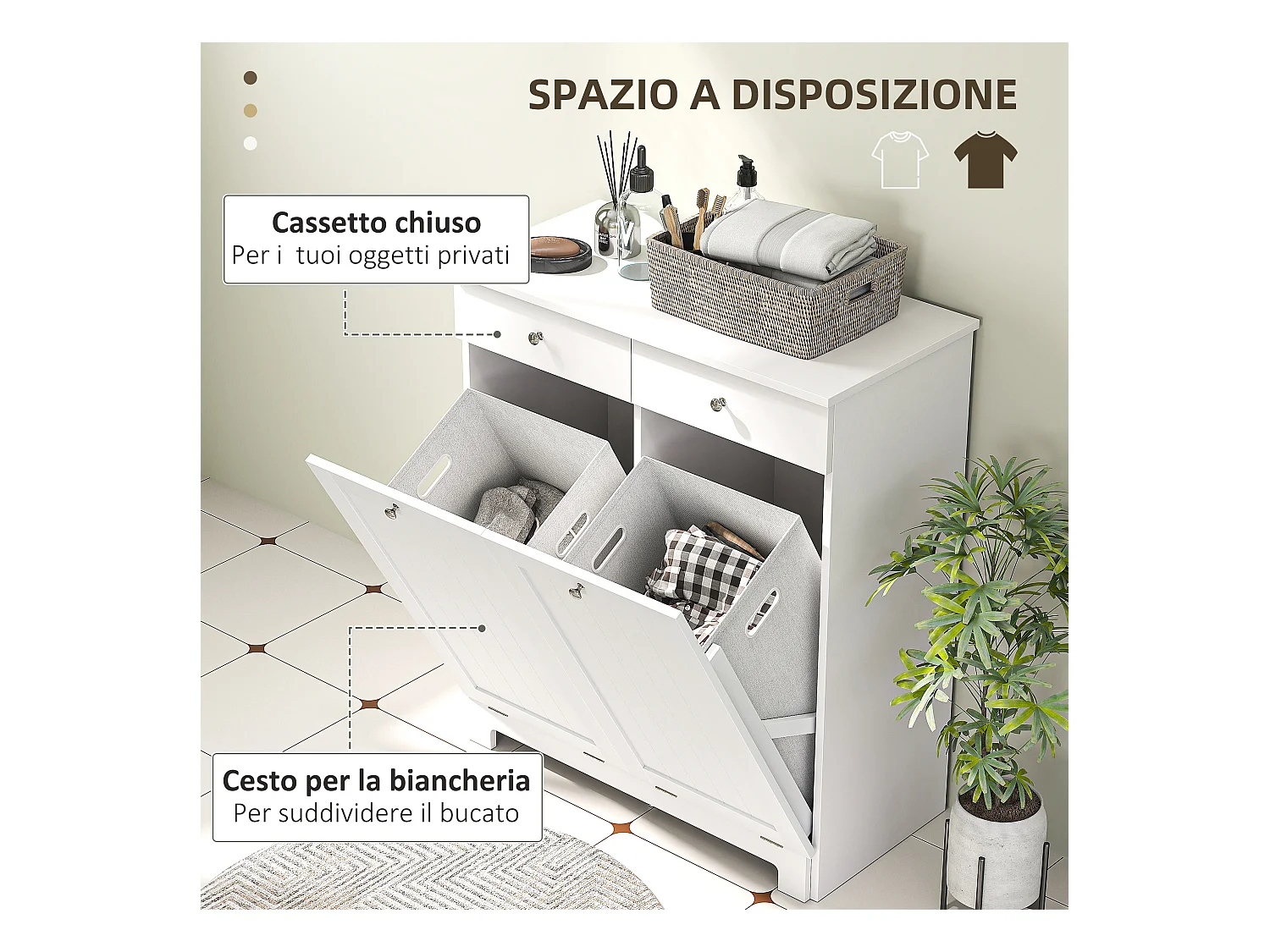 Mobile bagno con 2 ceste portabiancheria e 2 cassetti bianco