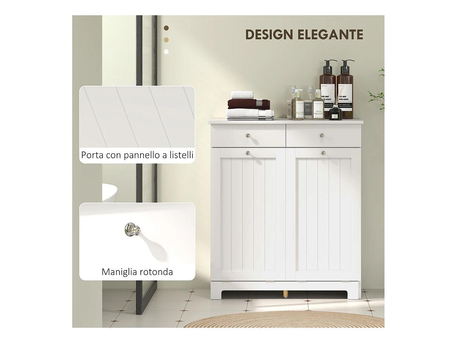 Mobile bagno con 2 ceste portabiancheria e 2 cassetti bianco