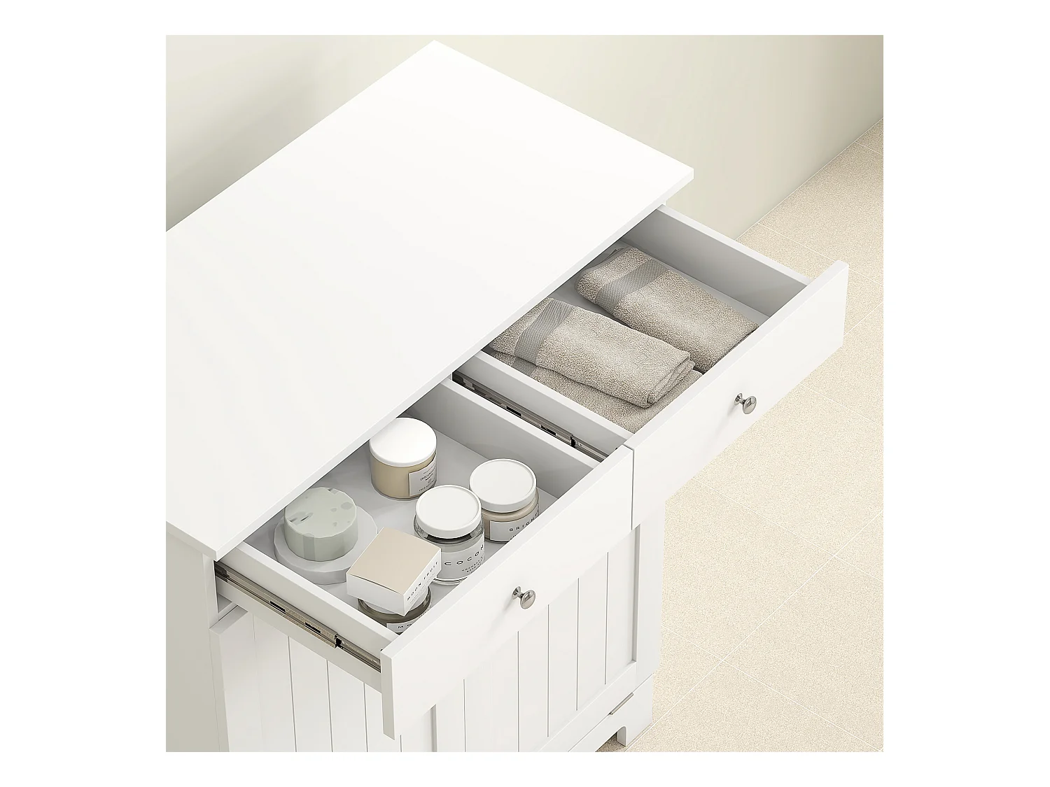 Mobile bagno con 2 ceste portabiancheria e 2 cassetti bianco