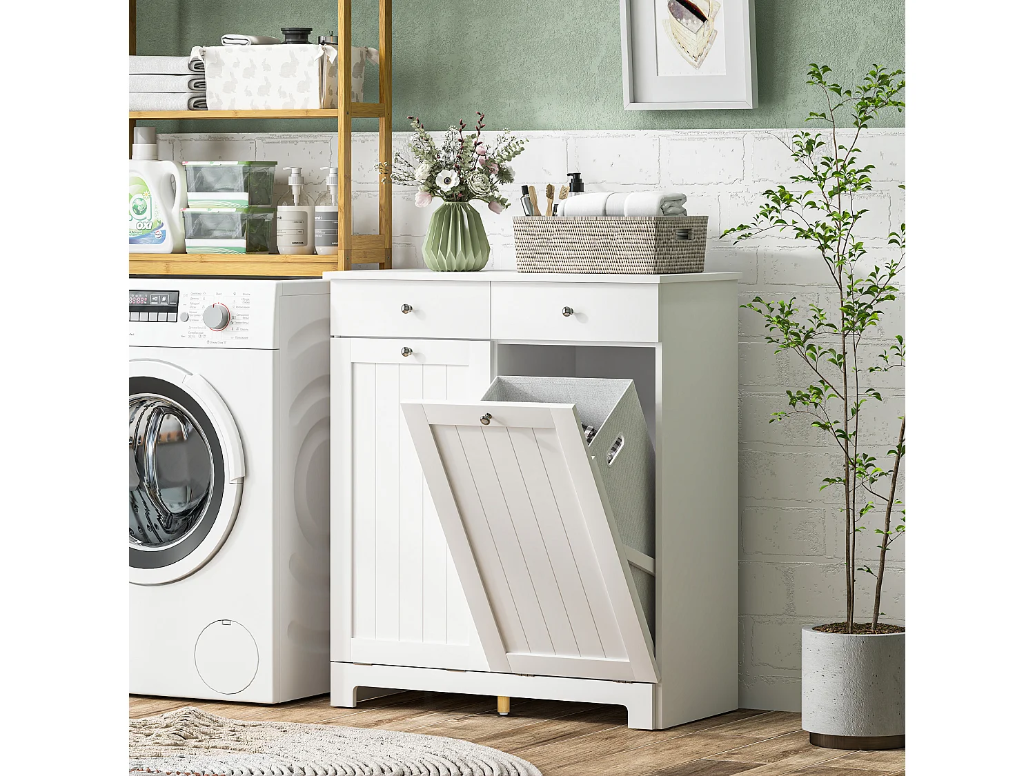 Mobile bagno con 2 ceste portabiancheria e 2 cassetti bianco