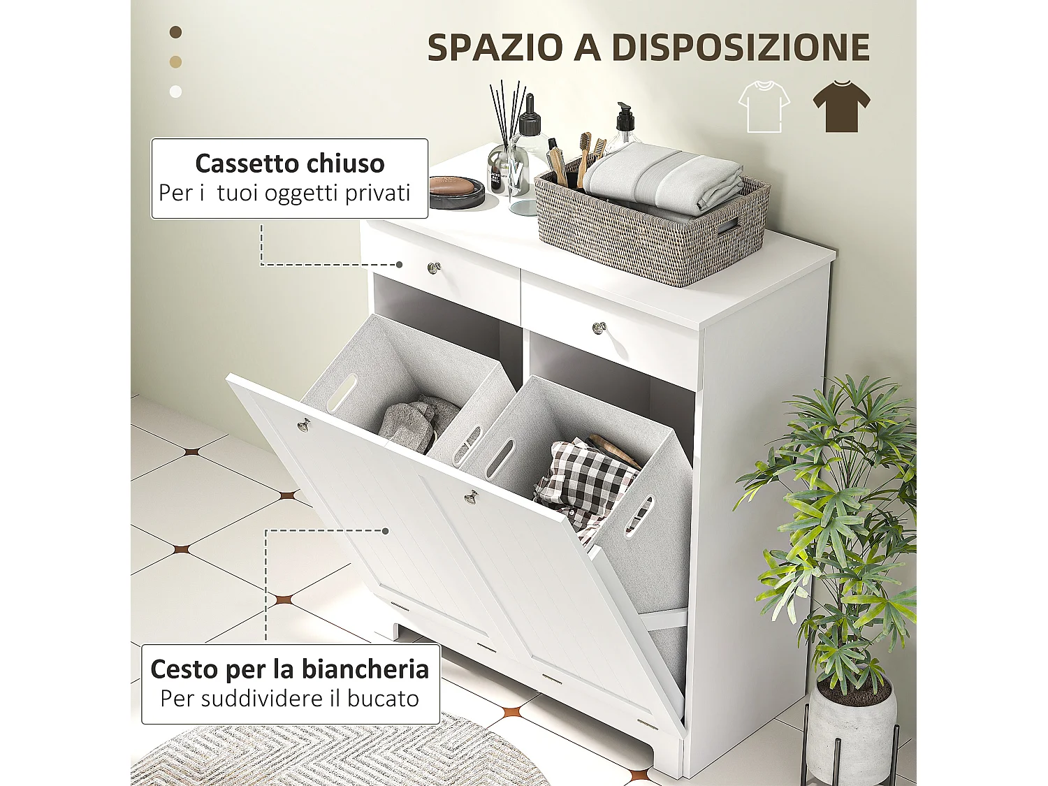 Mobile bagno con 2 ceste portabiancheria e 2 cassetti bianco