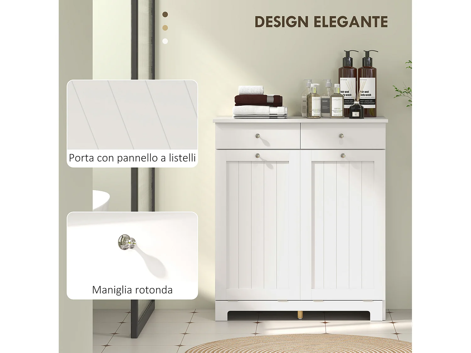 Mobile bagno con 2 ceste portabiancheria e 2 cassetti bianco