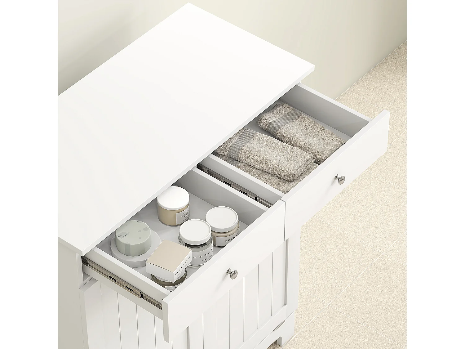 Mobile bagno con 2 ceste portabiancheria e 2 cassetti bianco