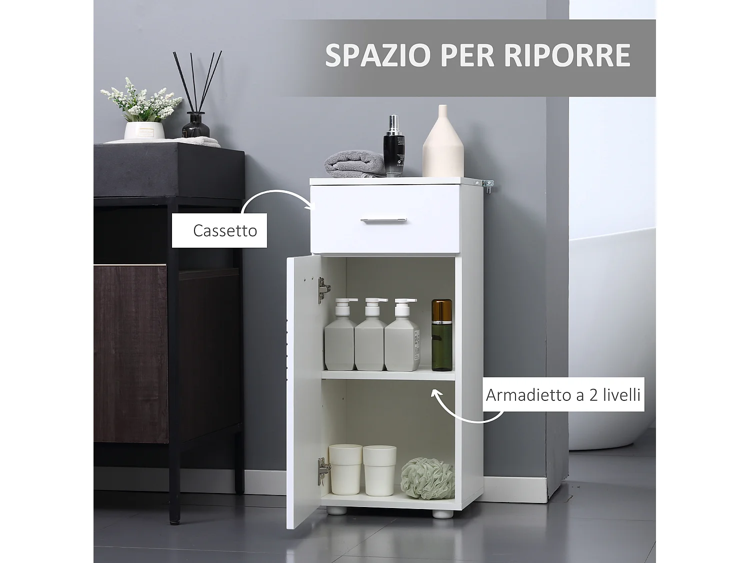 Mobiletto bagno in legno armadietto 1 anta mensole e cassetto