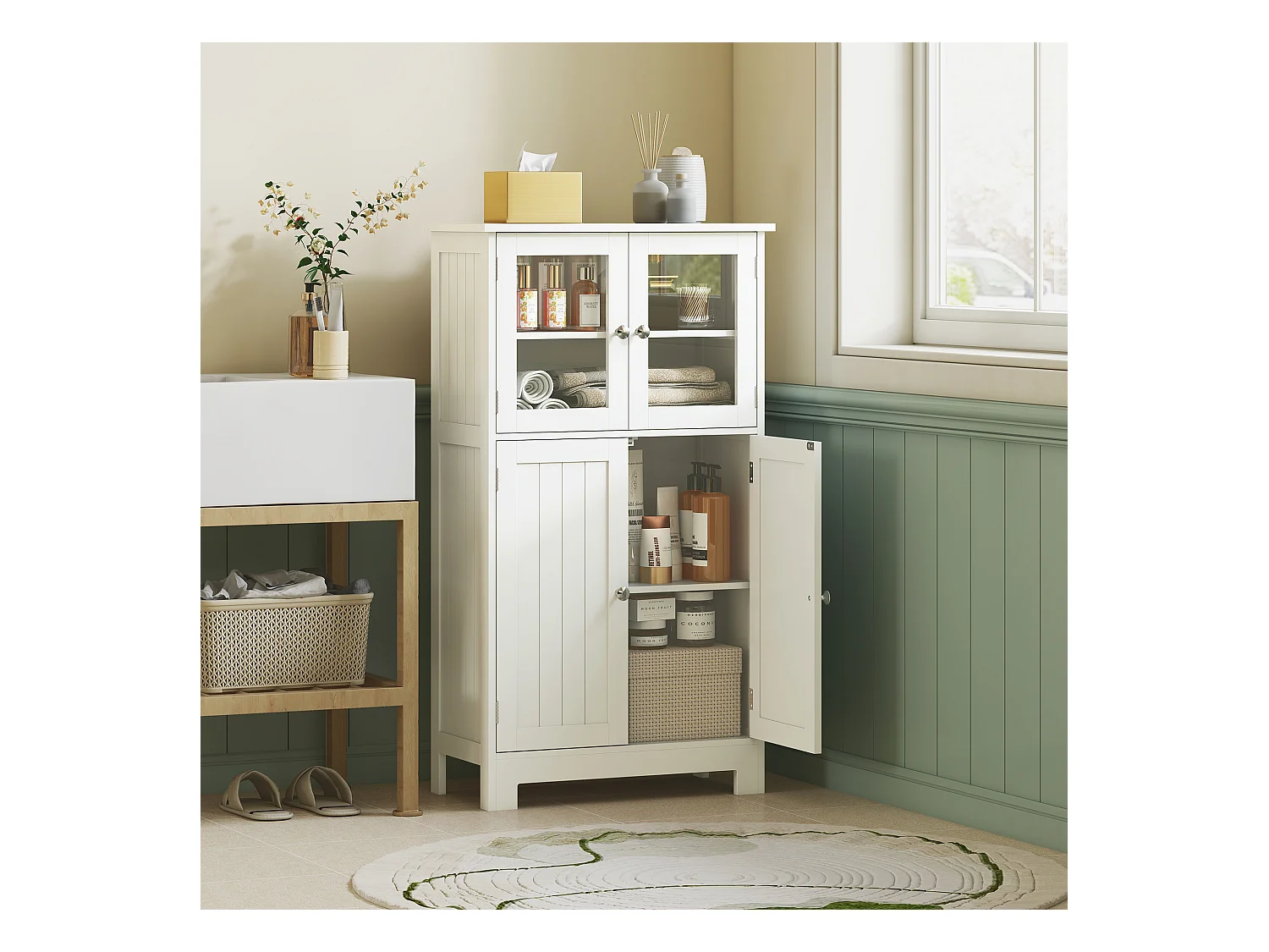 Mobile bagno multiuso con 2 armadietti e ante in vetro e legno bianco