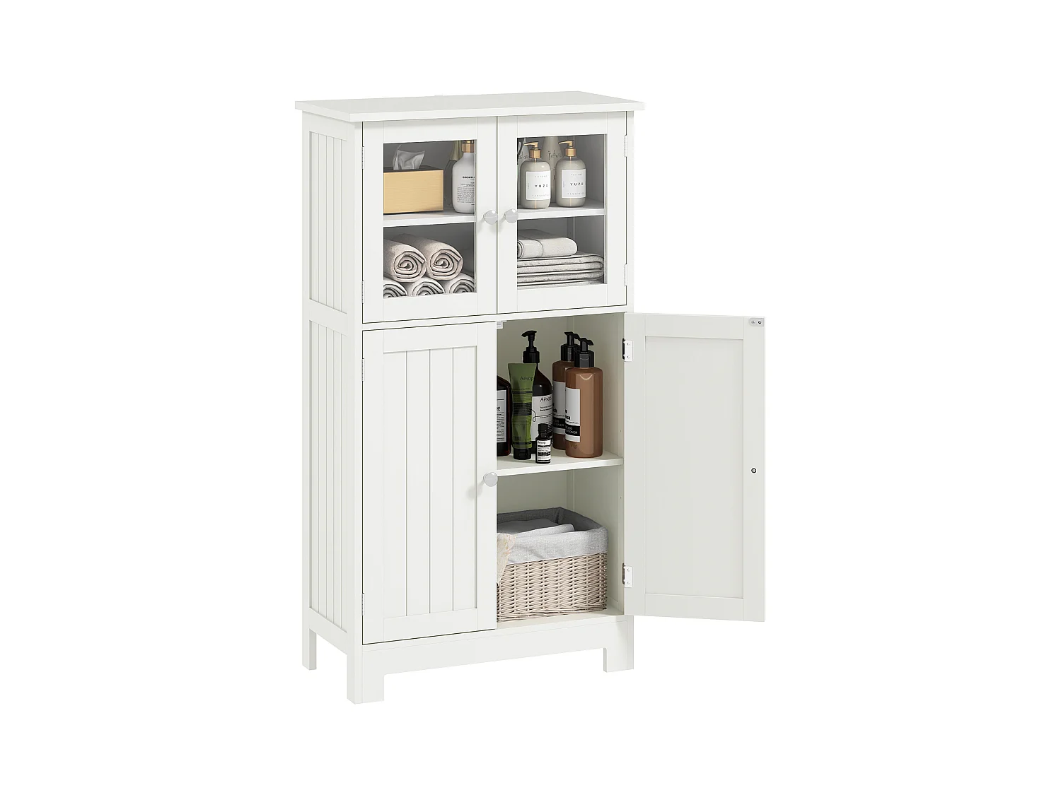 Mobile bagno multiuso con 2 armadietti e ante in vetro e legno bianco