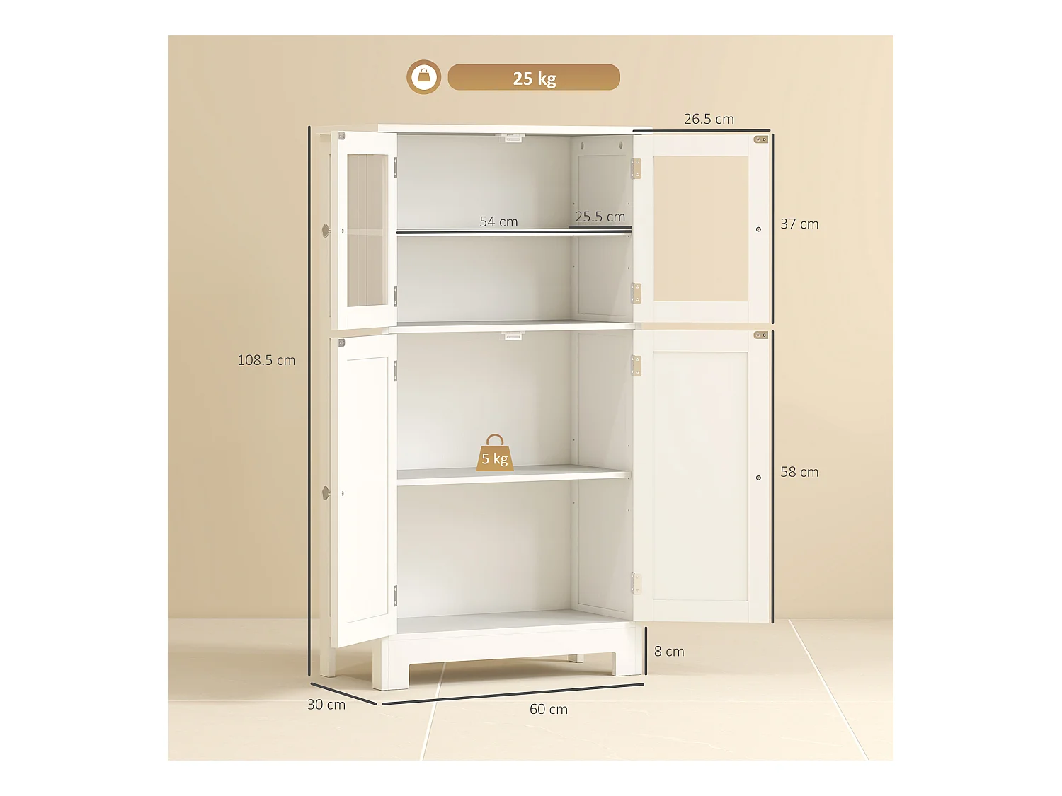 Mobile bagno multiuso con 2 armadietti e ante in vetro e legno bianco