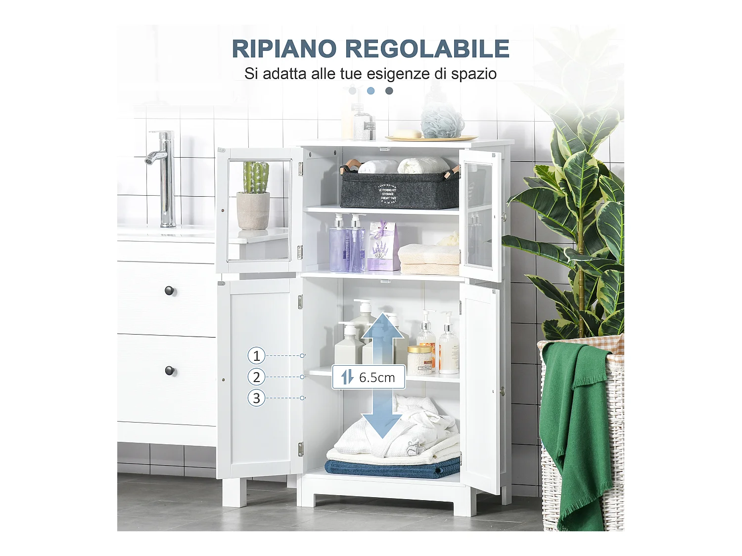 Mobile bagno multiuso con 2 armadietti e ante in vetro e legno bianco