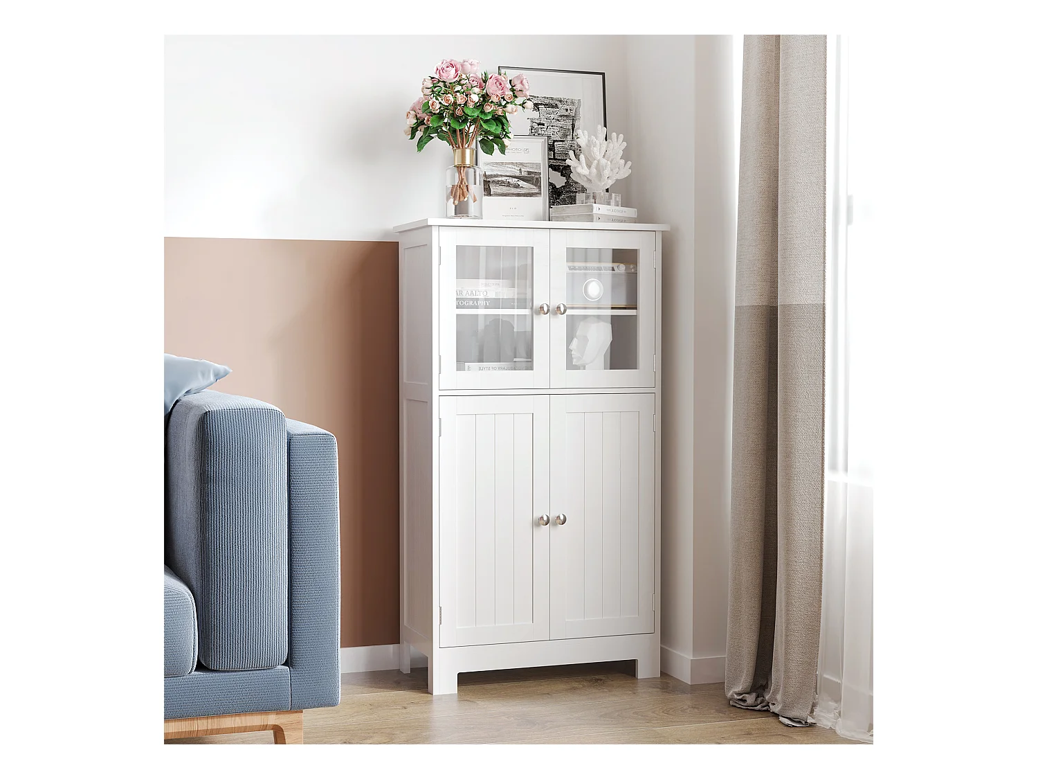 Mobile bagno multiuso con 2 armadietti e ante in vetro e legno bianco