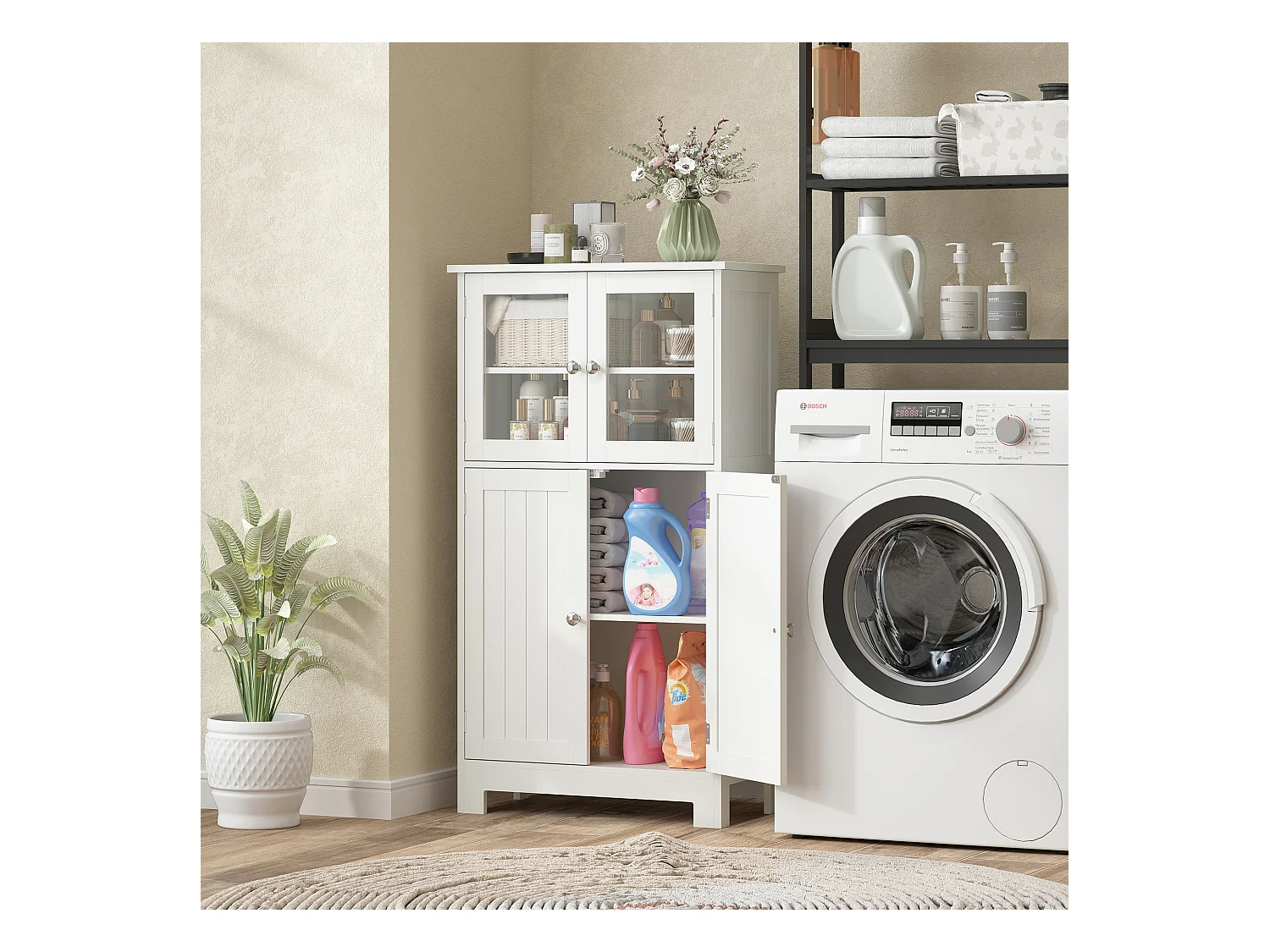 Mobile bagno multiuso con 2 armadietti e ante in vetro e legno bianco