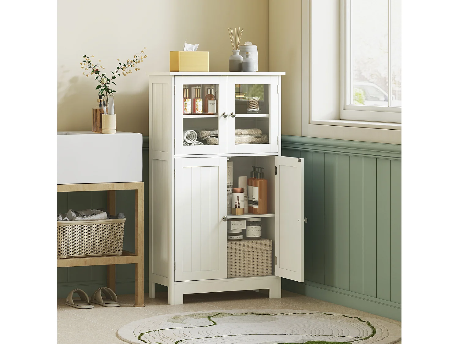 Mobile bagno multiuso con 2 armadietti e ante in vetro e legno bianco