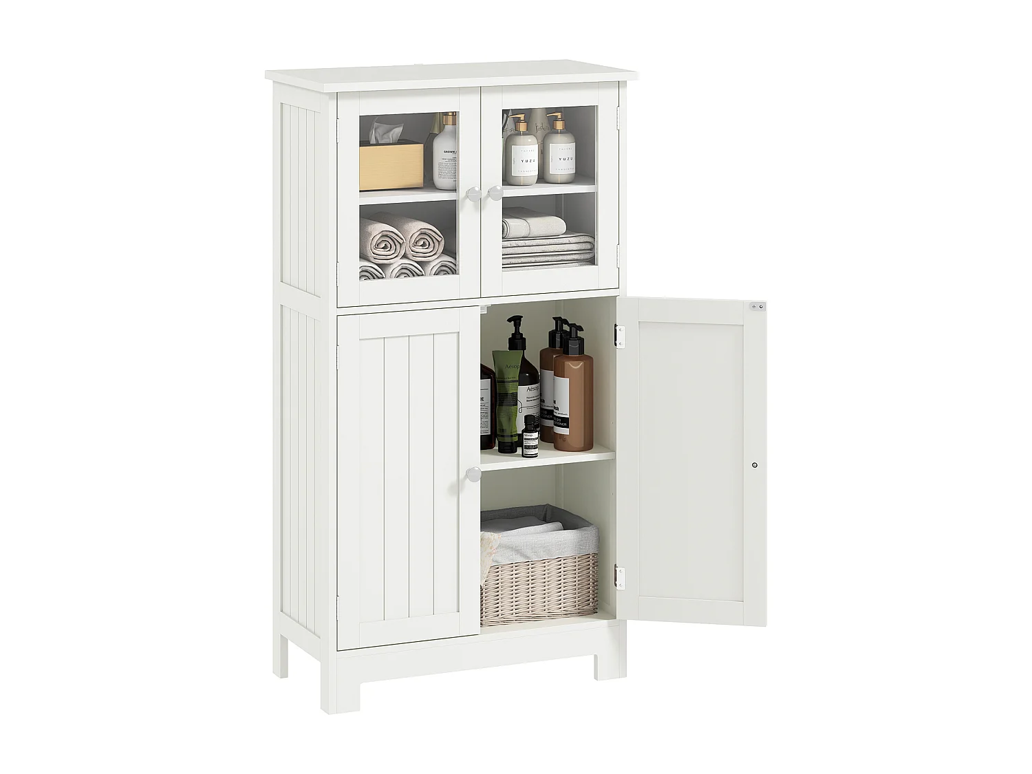 Mobile bagno multiuso con 2 armadietti e ante in vetro e legno bianco