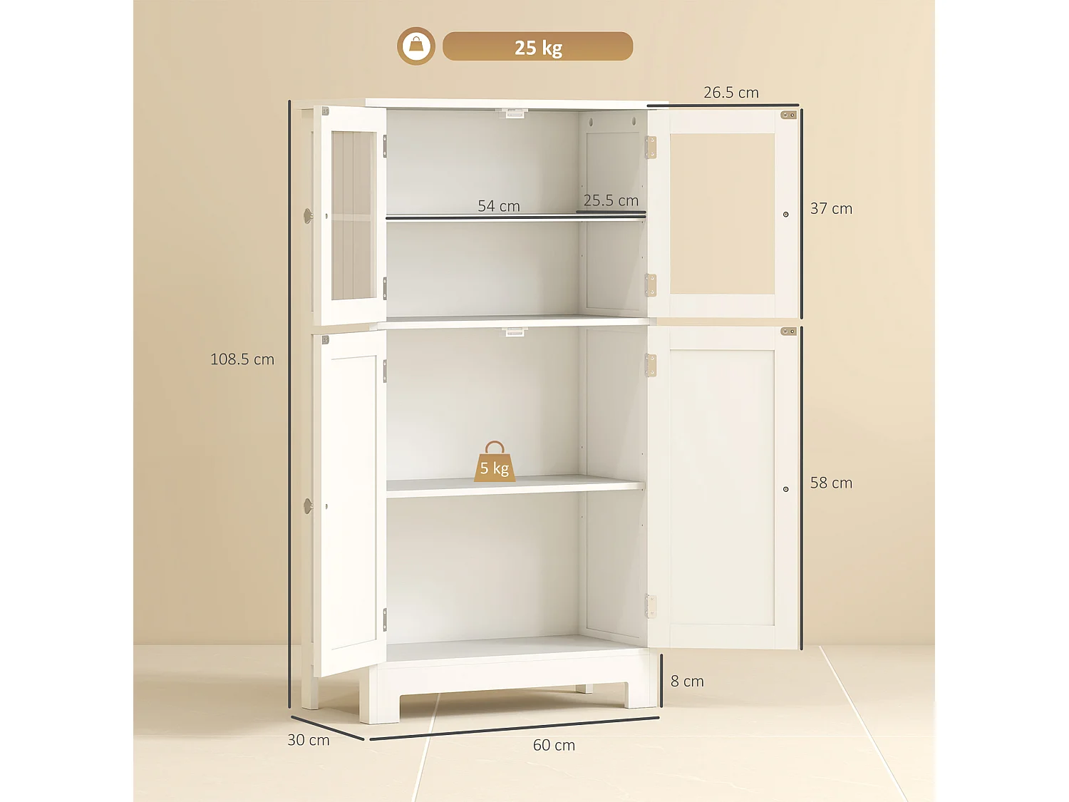 Mobile bagno multiuso con 2 armadietti e ante in vetro e legno bianco