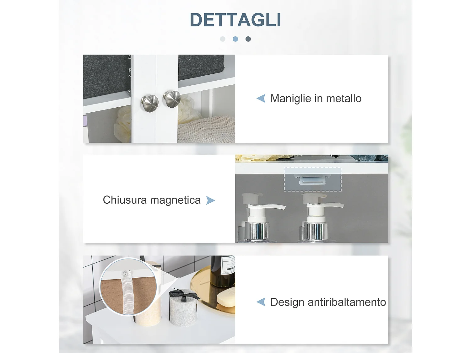 Mobile bagno multiuso con 2 armadietti e ante in vetro e legno bianco