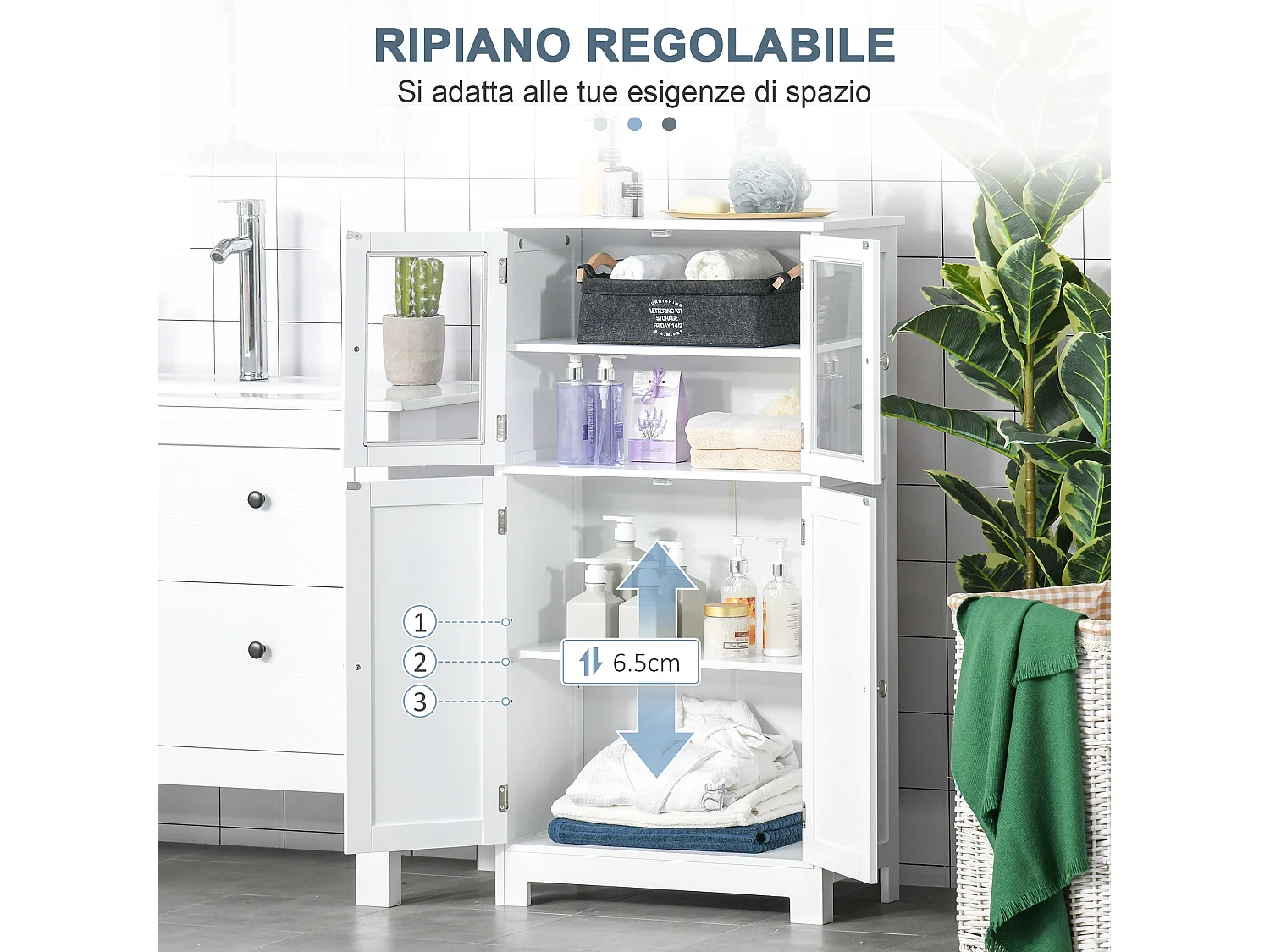 Mobile bagno multiuso con 2 armadietti e ante in vetro e legno bianco