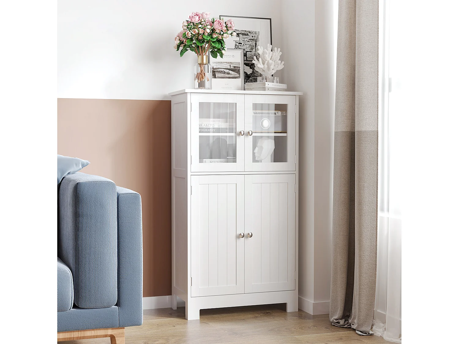 Mobile bagno multiuso con 2 armadietti e ante in vetro e legno bianco