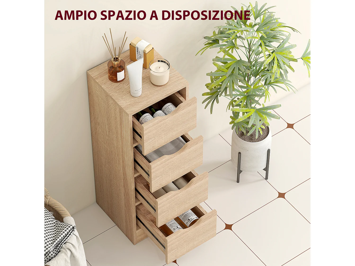 Mobile bagno salvaspazio con 4 cassetti stile nordico colore legno