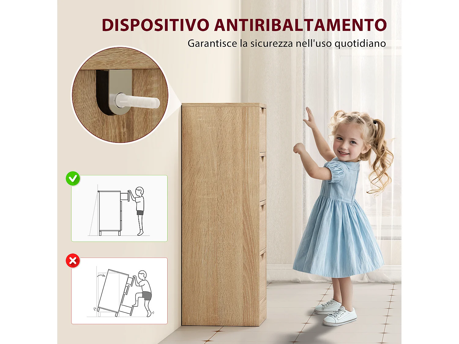 Mobile bagno salvaspazio con 4 cassetti stile nordico colore legno