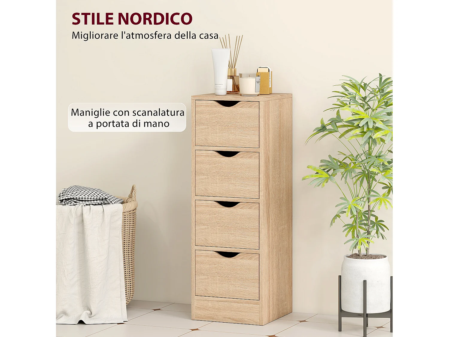 Mobile bagno salvaspazio con 4 cassetti stile nordico colore legno