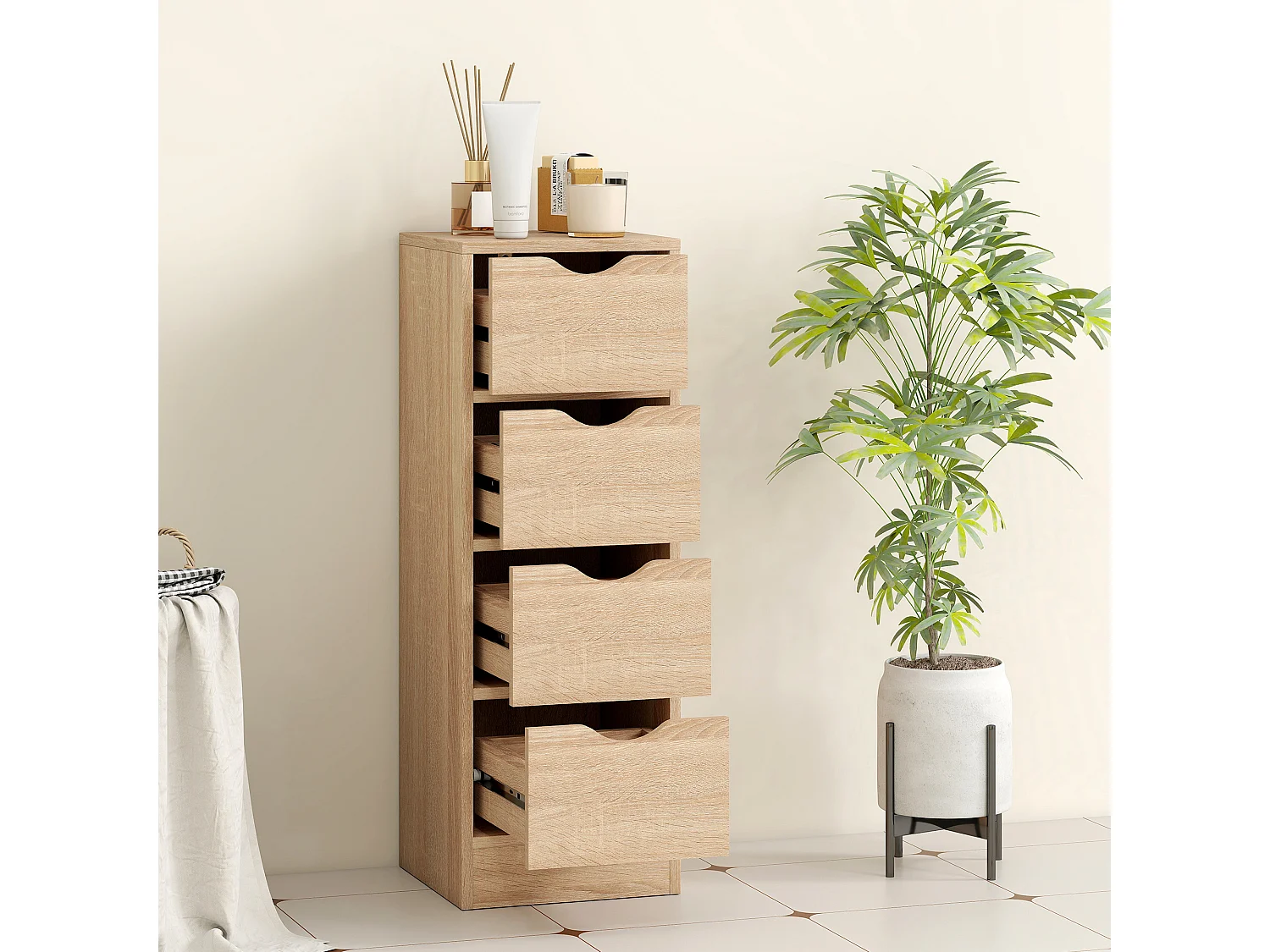 Mobile bagno salvaspazio con 4 cassetti stile nordico colore legno