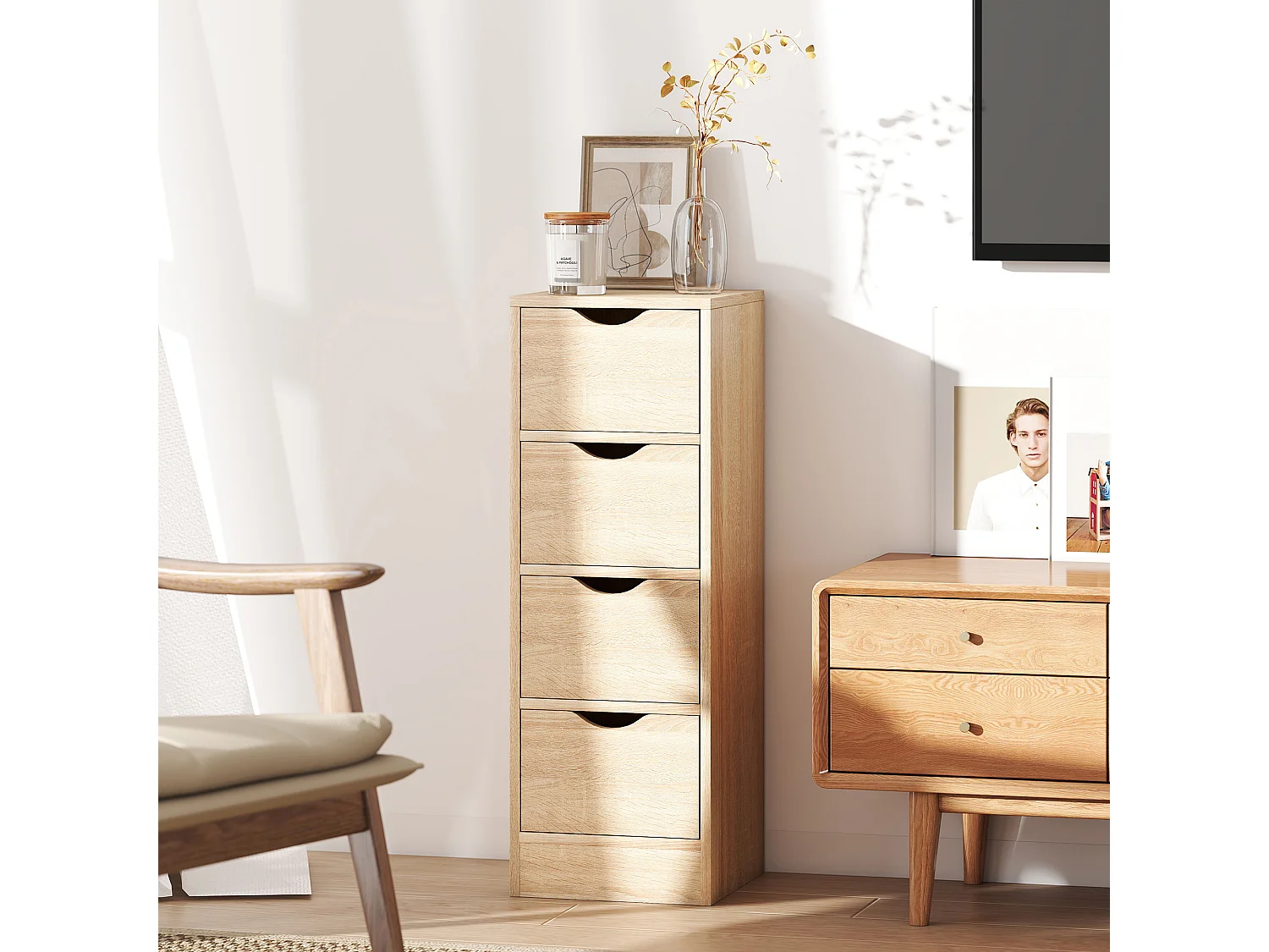 Mobile bagno salvaspazio con 4 cassetti stile nordico colore legno