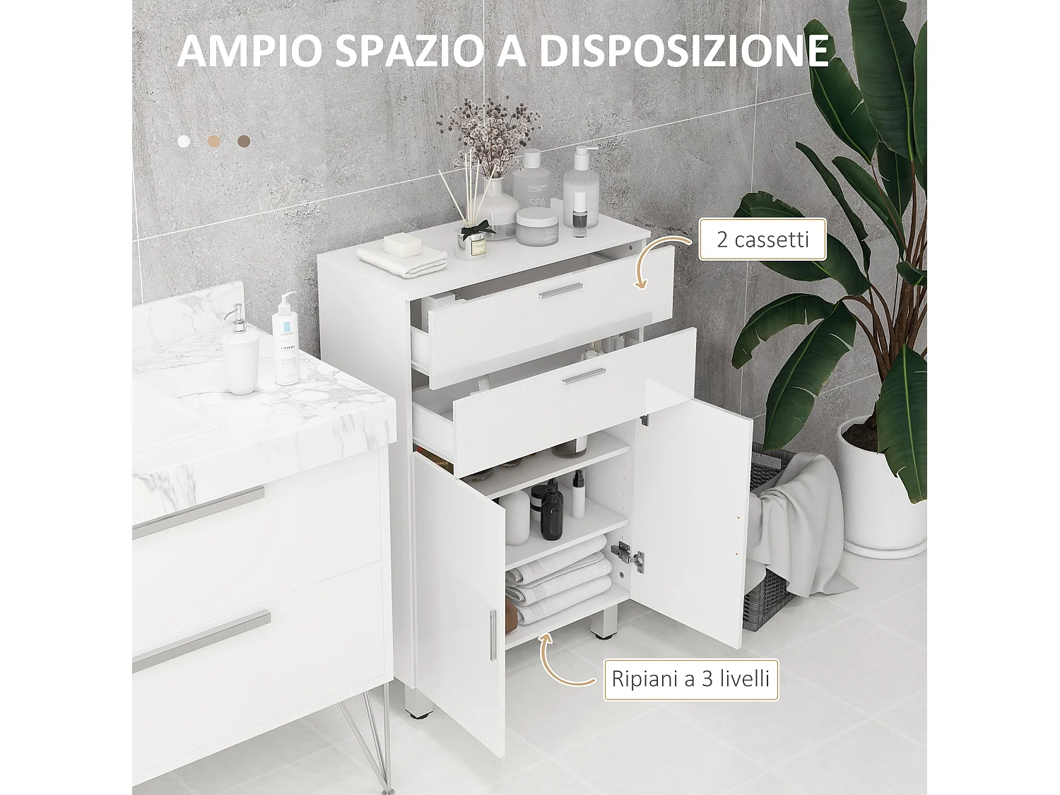Mobile bagno con 2 cassetti e armadietto con ripiano regolabile bianco