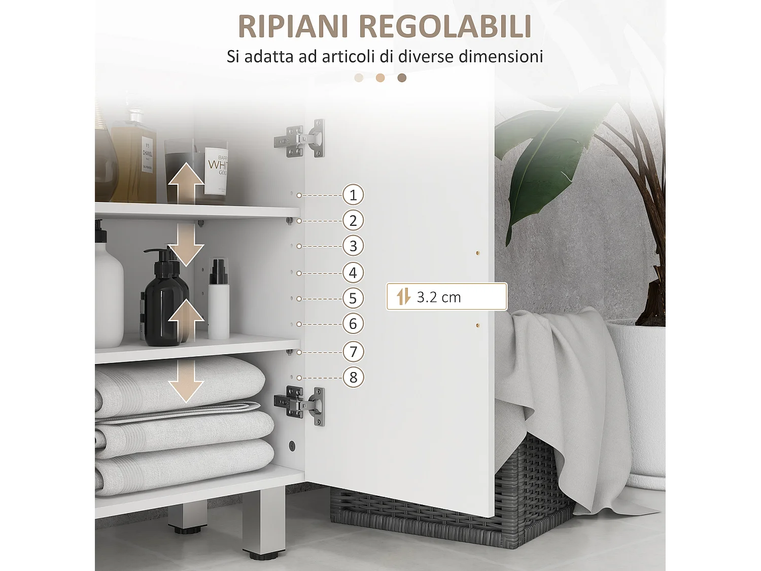Mobile bagno con 2 cassetti e armadietto con ripiano regolabile bianco